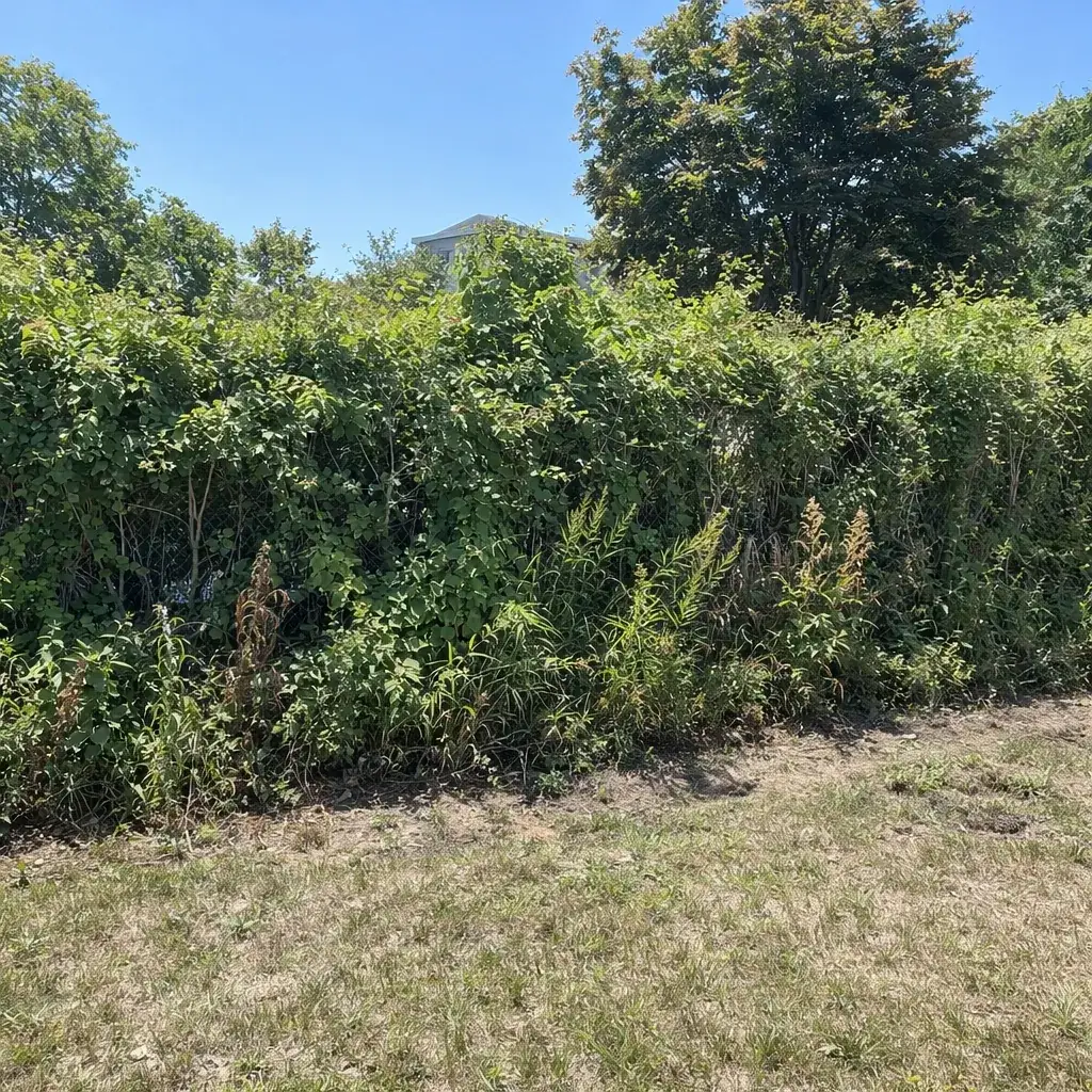 Before brush clearing: overgrown brush along a property edge in New London County, CT