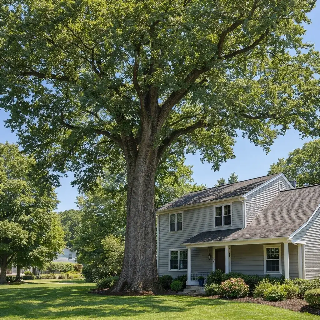 Before tree removal: large tree beside a house in New London County, CT