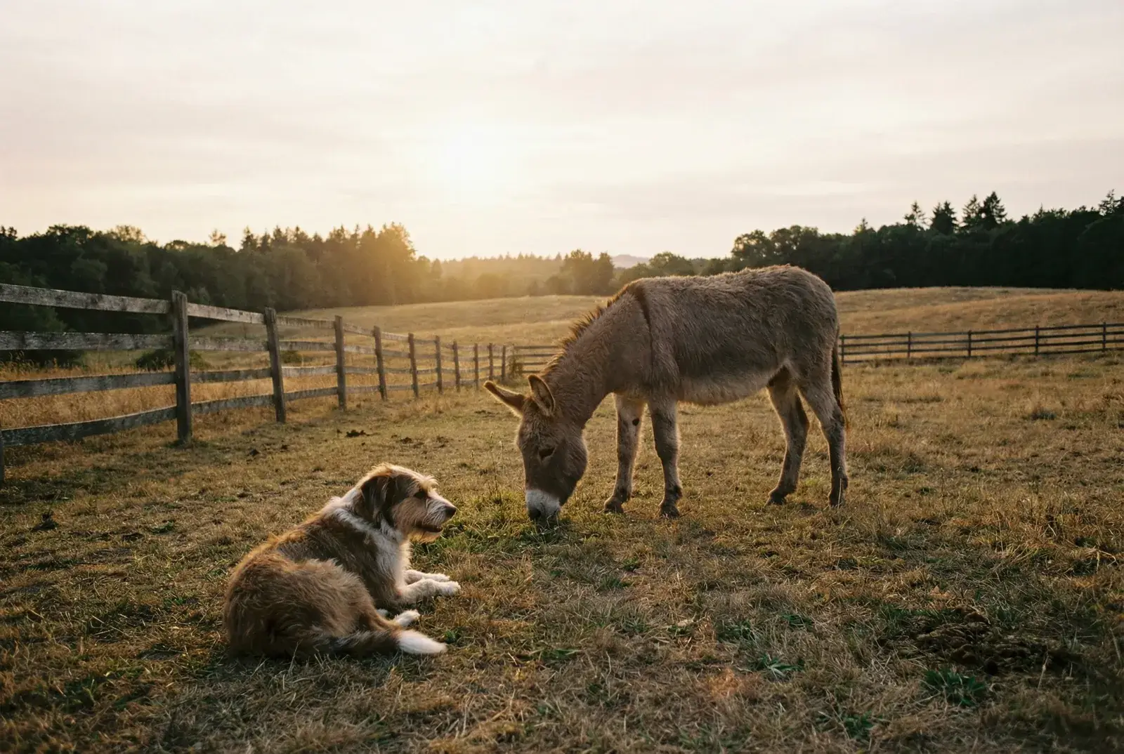 A rescued donkey and dog in a pasture, part of how Branched Out LLC gives back in New London County, CT