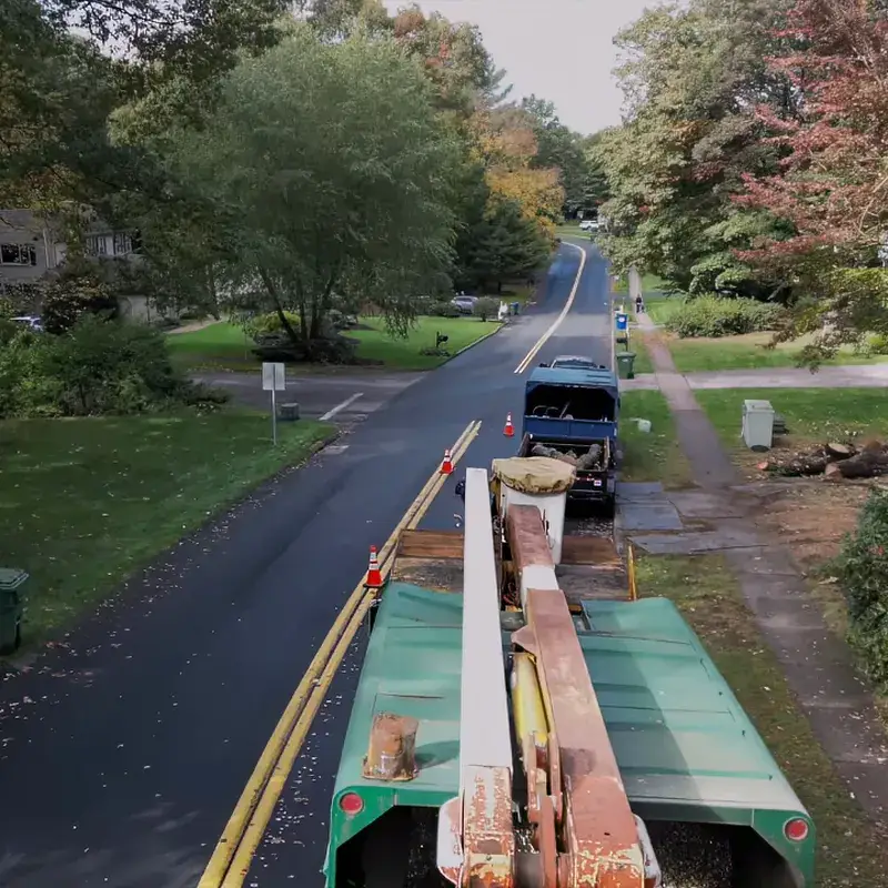 Aerial view of the Branched Out chip truck and chipper parked on a residential street in New London County, CT